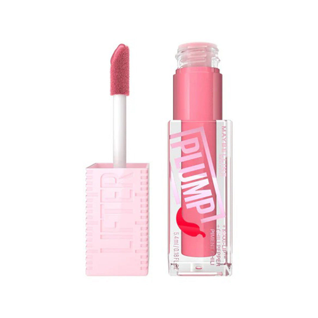 Pink lip gloss with applicator on a white background